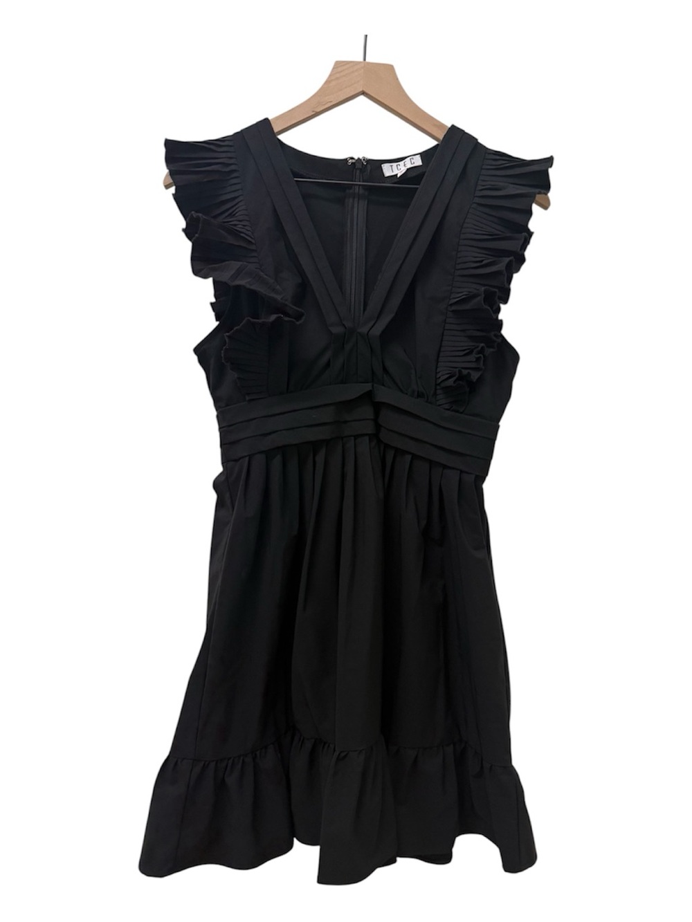 Sleeveless Black Ruffle V-Neck Dress by TCEC zip up Size Medium